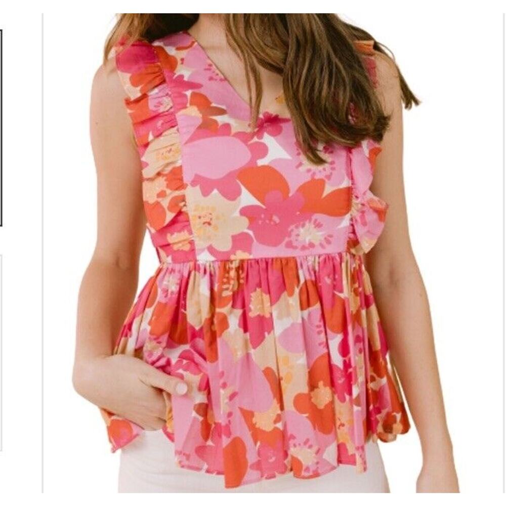 $158 LaRoque June Top, Groovy Garden Size Large Peplum Floral Ruffle Top Blouse